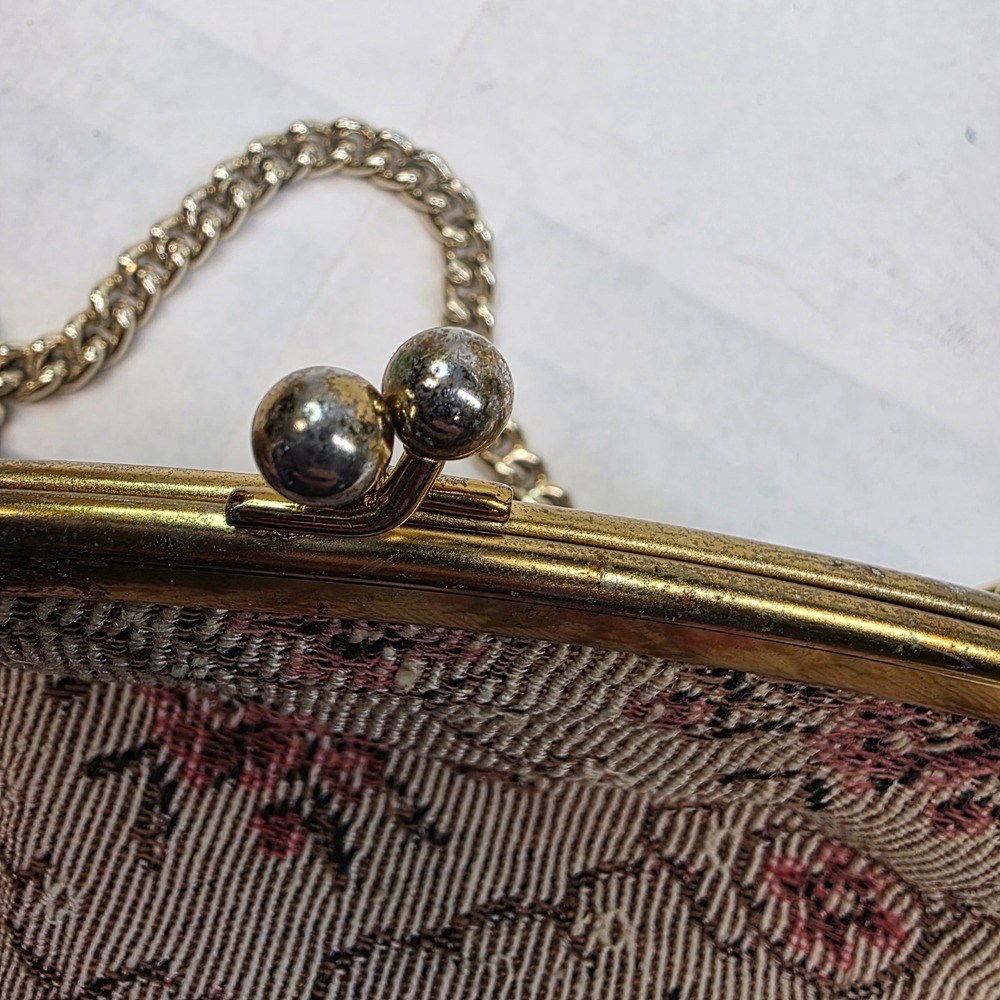 Vintage Floral‎ Tapestry Handbag Medium Pink Gold Kiss Lock Evening Bag Clutch - Picture 4 of 10